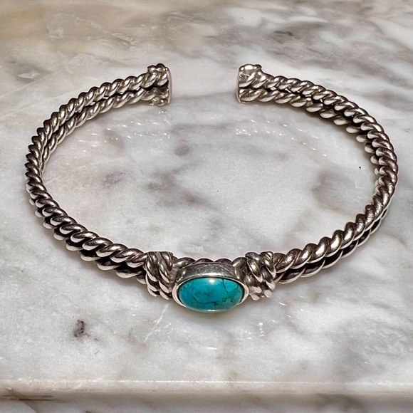 Vintage Handmade Genuine Turquoise Double Cable Cuff Bracelet Solid 925 Sterling - Picture 4 of 9